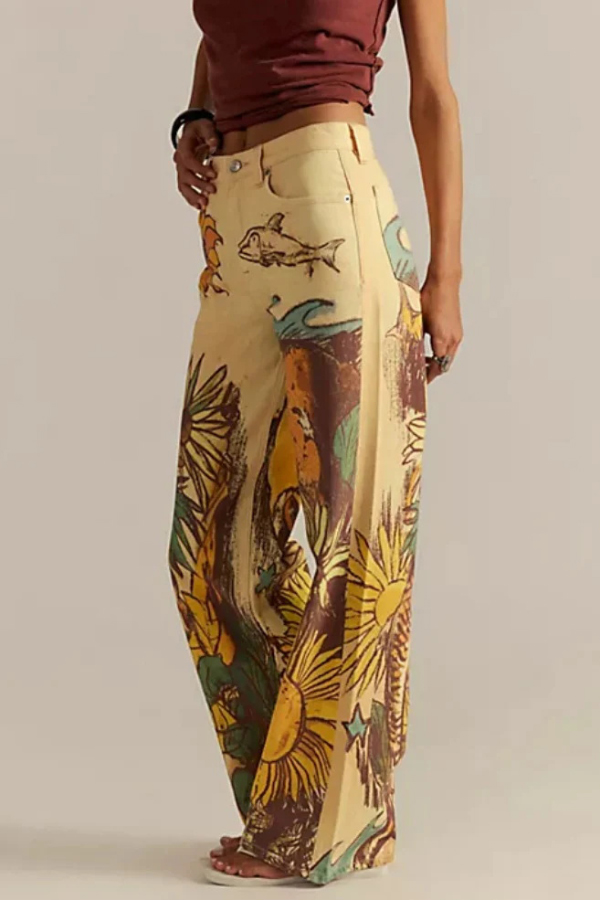 We The Free Denim Playful Doodle Printed Mid Rise Pocket Wide Leg Jeans | Consonak