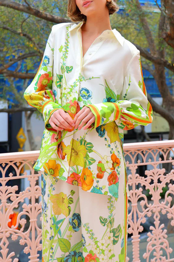 Antibes Satin Floral Print Back Tie-up Button Down Oversized Blouse-consonak