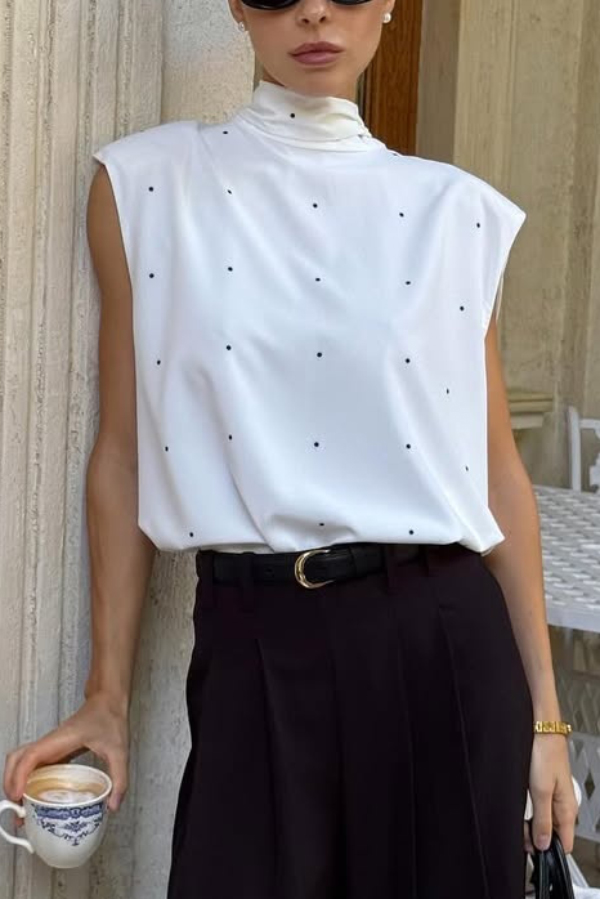 Polka Dot Print Open Backless Stand Collar Sleeveless Ribbon Top