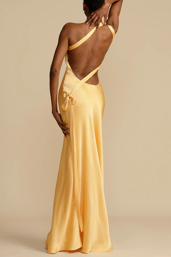 Moonlit Soiree Satin Asymmetrical One Shoulder Backless Strap Maxi Dress | Consonak