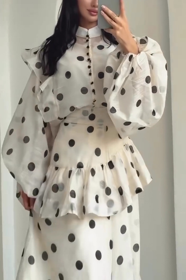 Stylish Polka Dot Print Stand Collar Long Sleeve Elegant Ruffle Maxi Dress | Consonak