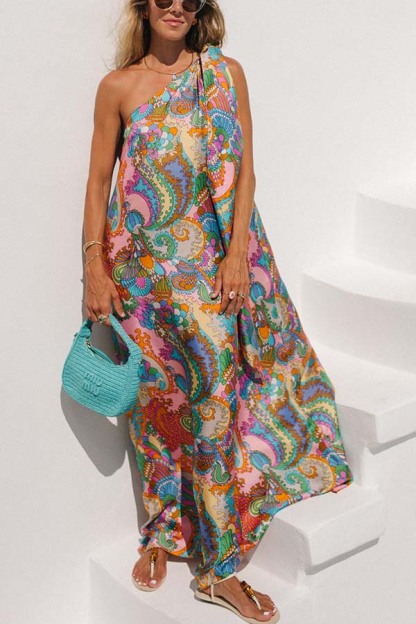 Rainbow Breeze Satin Unique Print Bow One Shoulder Loose Maxi Dress-consonak