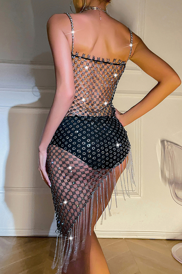 Sexy Hollow Plum Blossom Mesh Rhinestone Tassel Mini Dress-consonak