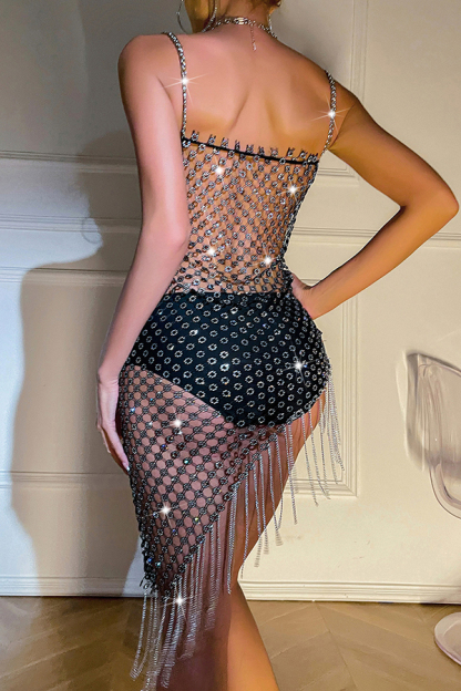 Sexy Hollow Plum Blossom Mesh Rhinestone Tassel Mini Dress-consonak