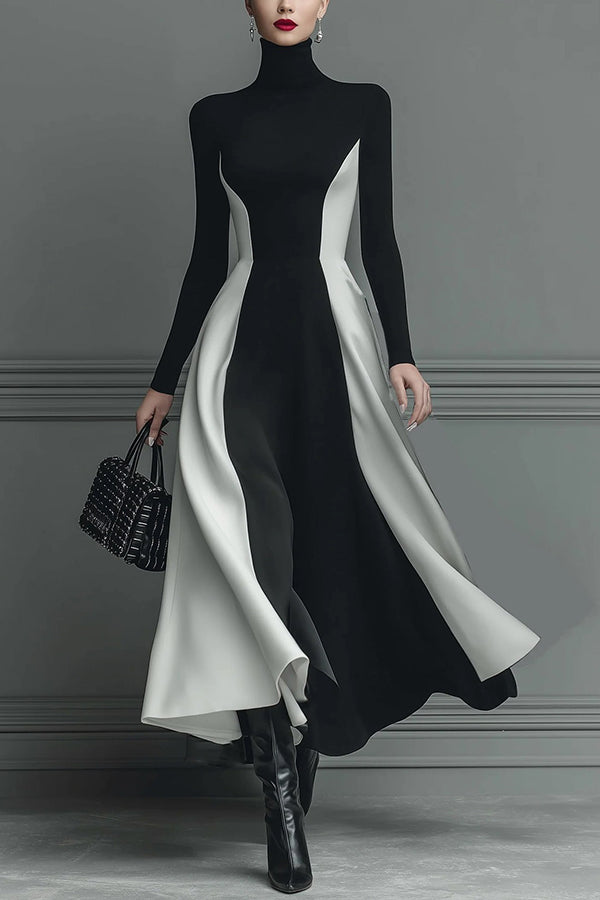 Stylish Color-blocked Turtleneck Long-sleeved Slim-fit Midi Dress-consonak