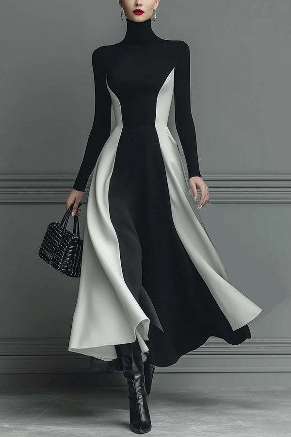 Stylish Color-blocked Turtleneck Long-sleeved Slim-fit Midi Dress-consonak