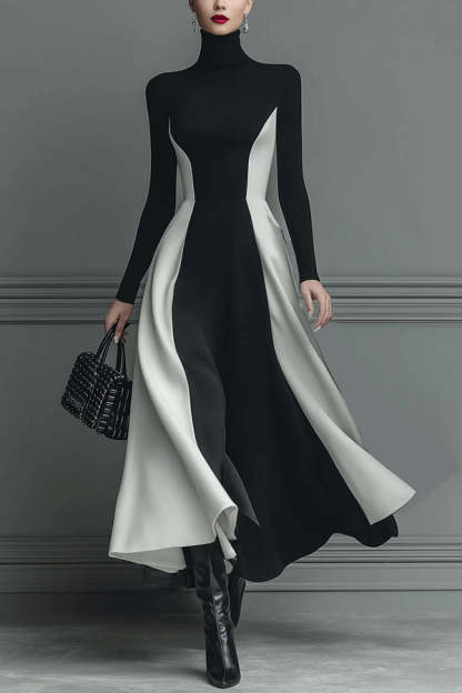 Stylish Color-blocked Turtleneck Long-sleeved Slim-fit Midi Dress-consonak