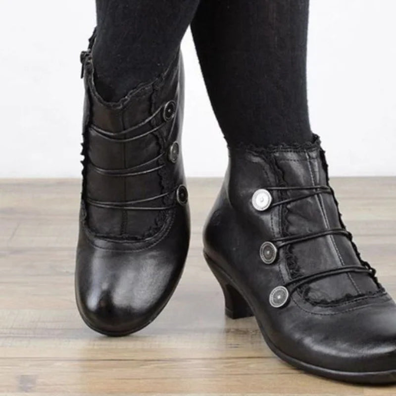 Retro Lace Round Buckle Low Heel Martin Boots-consonak