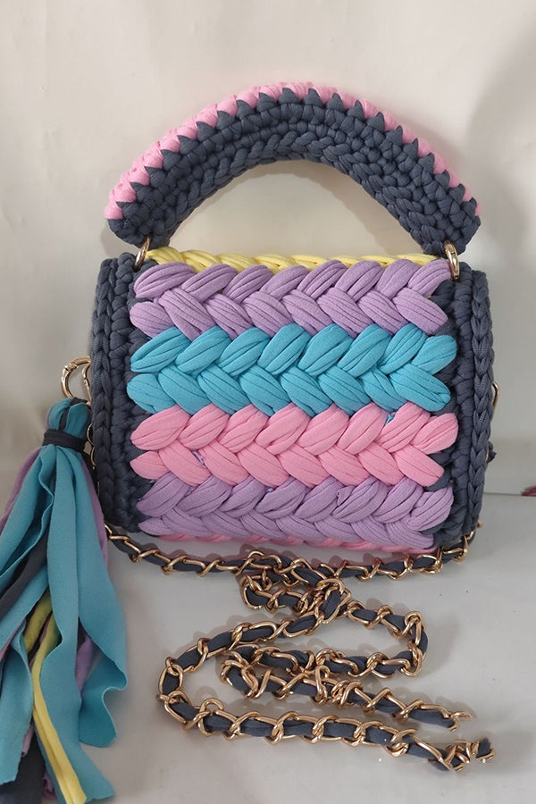 Contrast Color Stitching Braided Chain Tassel Bag-consonak