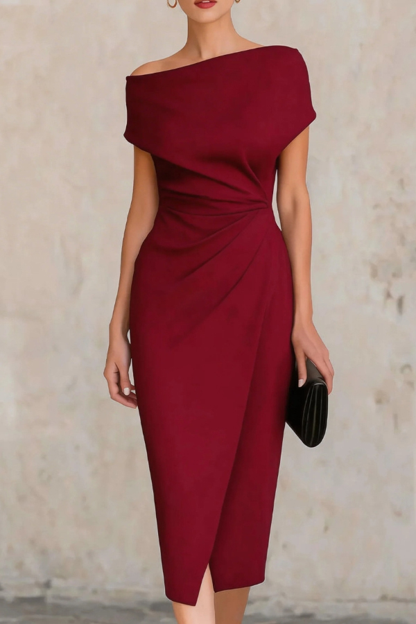 Solid Color Short-sleeved Fitted Waist Pleated Elegant Midi Dress | Consonak