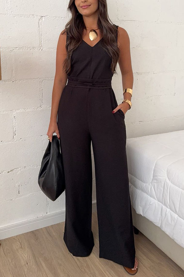 Elaris Linen Blend V-neck Tie-up Waist Pocketed H-line Wide Leg Jumpsuit | Consonak