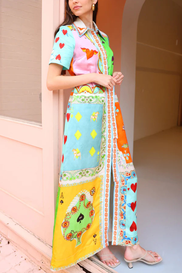 Kiana Linen Blend Unique Print Short Sleeved Tie Waist Shirt Maxi Dress-consonak