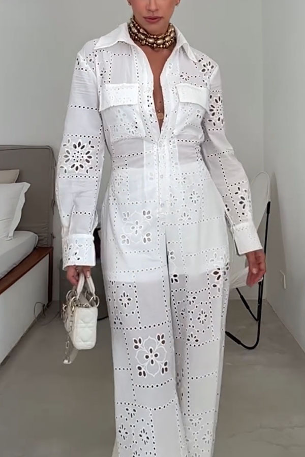 Vivi Embroidered Lace Cutout Long Sleeve Pocket Elastic Waist Loose Shirt Jumpsuit
