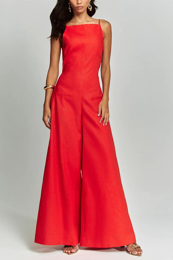 Kelso Linen Blend Square Neck Pocketed Backless Wide Leg Jumpsuit | Consonak
