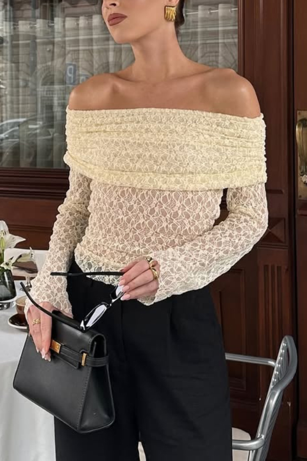 Solid Color Off-shoulder Long-sleeved Elegant Slim-fit Lace Top