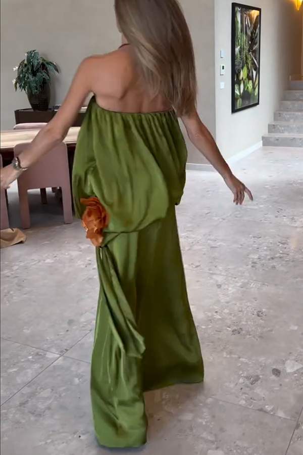 Simple Elegant Satin Voluminous Floral Detail Strapless Top and Elastic Waist Drape Maxi Skirt Set-consonak
