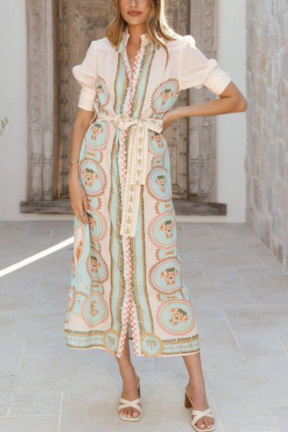 Unique Printed Puff Sleeve Button Lace Up Vacation Maxi Dress-consonak