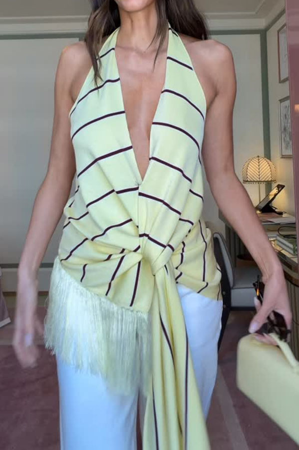 Laine Striped Print V-neck Fringed Hem Twist Drape Halter Tank-consonak