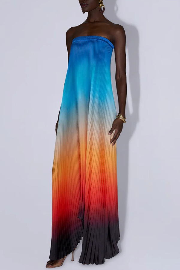 Ibiza Sunset Pleated Gradient Print Strapless Asymmetrical Hem A-line Maxi Dress