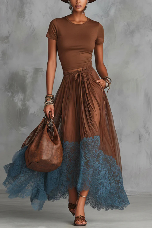 Stylish Round Neck Short-sleeved Fitted Top and Elastic Waist Pockets Lace Hem Maxi Skirt Set-Consonak
