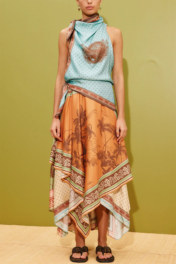 Alberta Satin Unique Color-blocked Print Tie Detail Layered Scarf Midi Dress-consonak