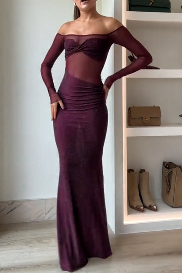 Forever Shimmering Sequin Mesh Patchwork Long Sleeve Strapless Stretch Maxi Dress-consonak