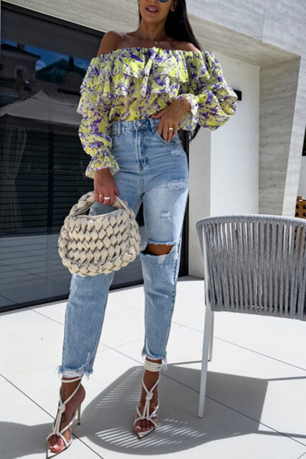 Colorful Botanical Print Sexy Off-shoulder Ruffle Top-consonak