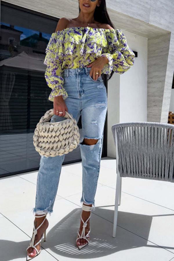 Colorful Botanical Print Sexy Off-shoulder Ruffle Top-consonak