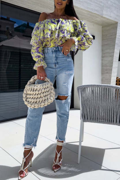 Colorful Botanical Print Sexy Off-shoulder Ruffle Top-consonak