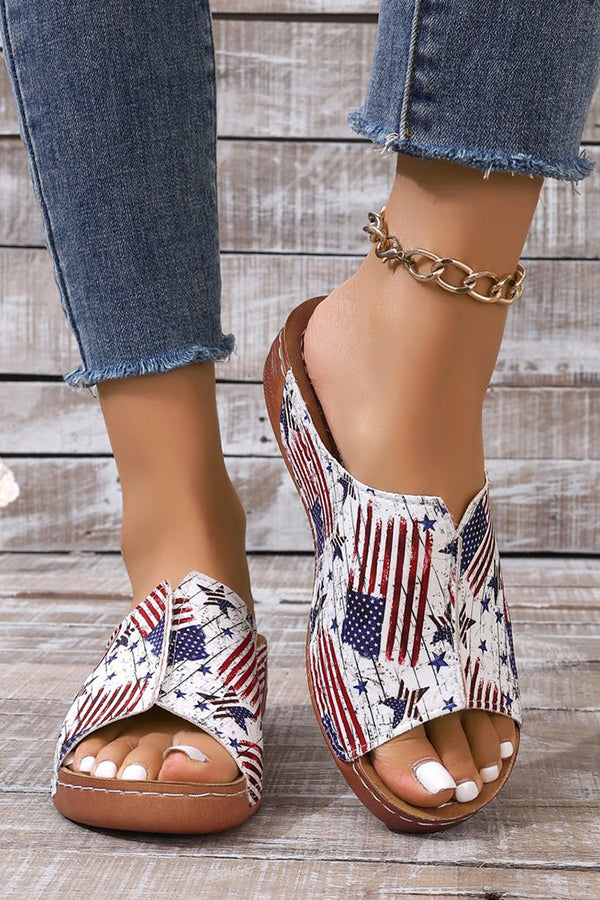 Independence Day Stars and Stripes Wedge Heel Peep Toe Slides-consonak