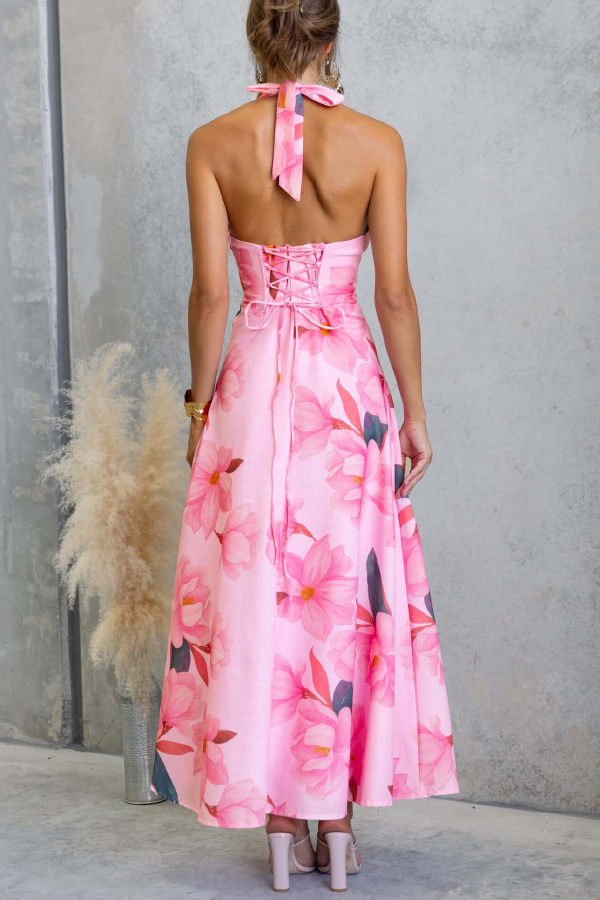 Floral Print V-neck Backless Tie-up Fitted Waist Elegant Maxi Dress-consonak