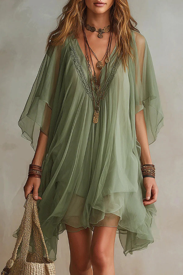 V-neck Chiffon Loose-fitting Cover-up Beach Dress-Consonak