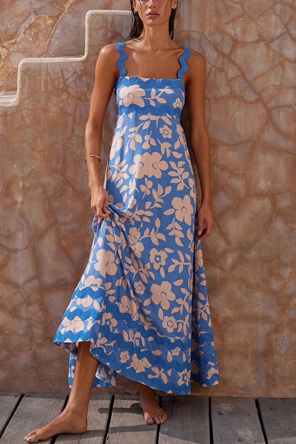 Vivi Floral Print Wavy Suspender Side Zip Maxi Dress-consonak