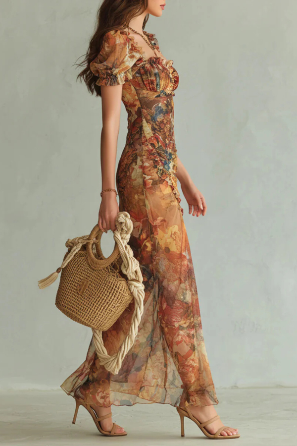 Floral Print Short-sleeved Square Neck Ruffled Elegant Slit Maxi Dress