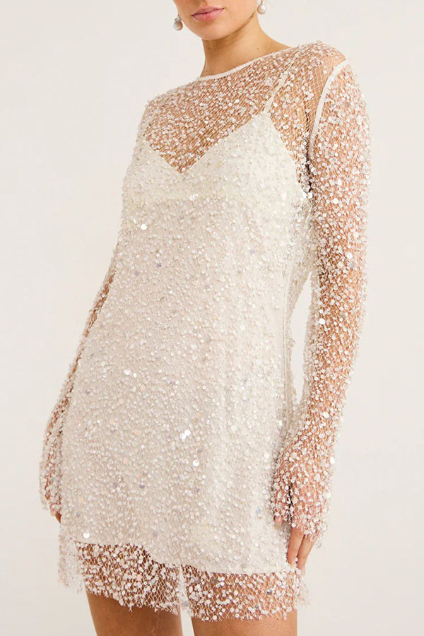 Sparkle and Shine Sequins and Pearls Fabric Mini Dress with Separate Slip-consonak