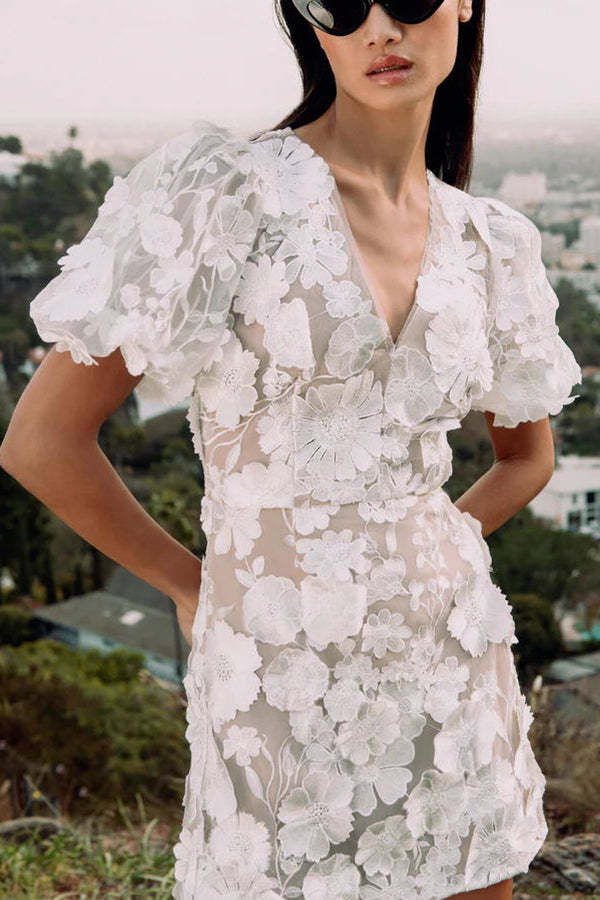 Garden Gala Embroidered Floral Applique Puff Sleeve Mini Dress-consonak