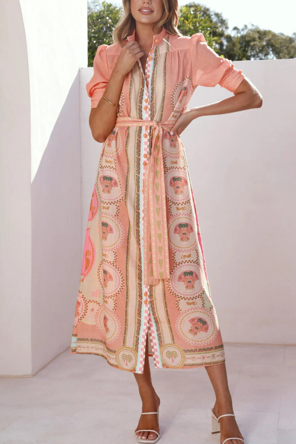 Unique Printed Puff Sleeve Button Lace Up Vacation Maxi Dress-consonak