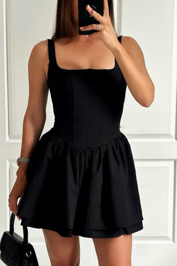 Solid Velvet Square Neck Slim Fit Mini Dress-consonak