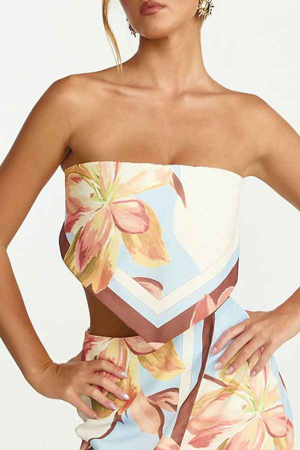 Shades of Cornflower Printed Bandeau Crop Scarf Top and Elastic Waist Pocket Wide Leg Pants Set