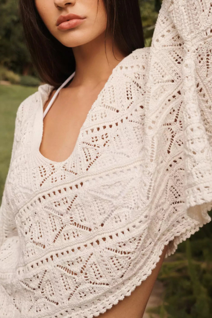 Solid Color Hooded Long-sleeved Loose Top and Stretch Openwork Shorts Knitted Cover-up Set-consonak