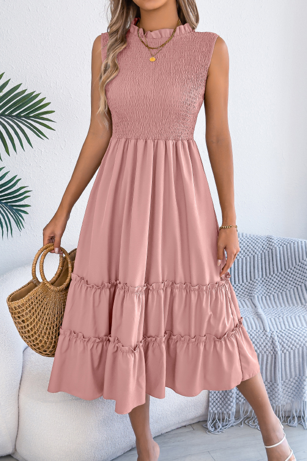 Solid Color Sleeveless Tucked Patchwork Casual Midi Dress-consonak