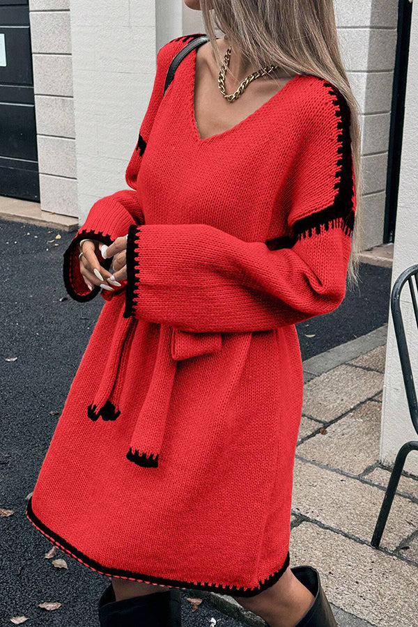 Stylish Loose-fitting Long-sleeved Tie-waist Knit Mini Dress-consonak