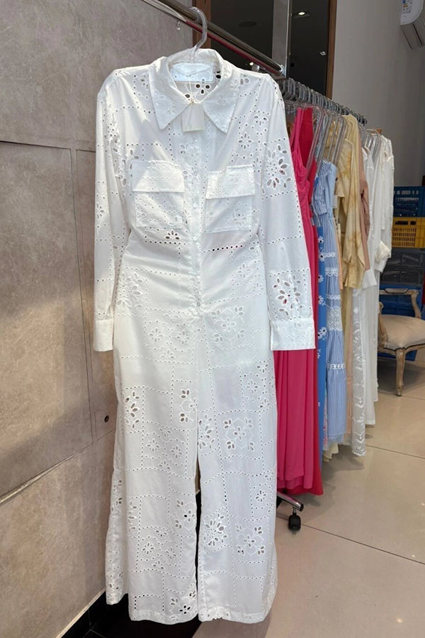 Vivi Embroidered Lace Cutout Long Sleeve Pocket Elastic Waist Loose Shirt Jumpsuit