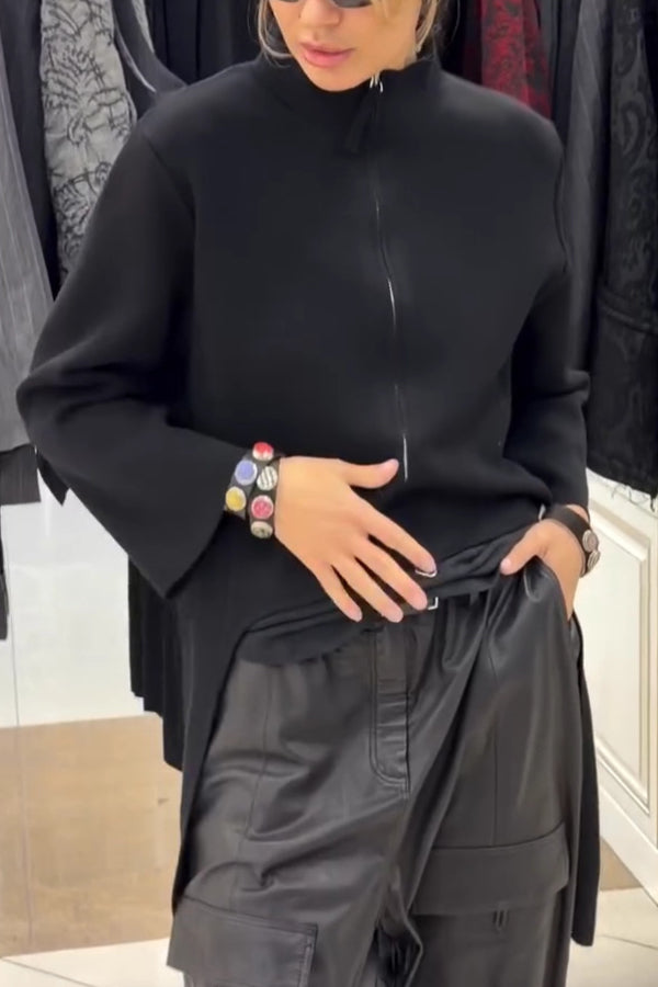 Solid Color Zipper Long-sleeved Irregular Casual Jacket