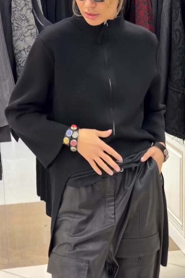 Solid Color Zipper Long-sleeved Irregular Casual Jacket