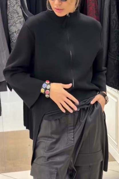 Solid Color Zipper Long-sleeved Irregular Casual Jacket