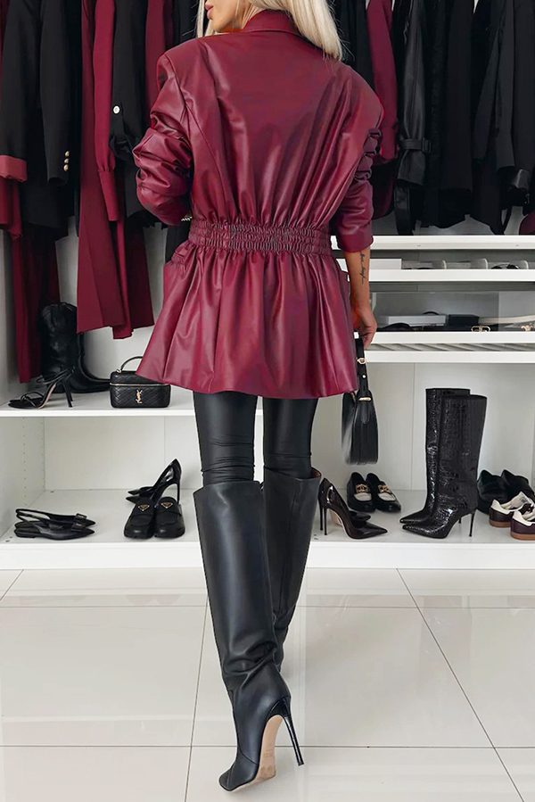 Fashionable Items Faux Leather Button Up Elastic Waistband Lapel Blazer-consonak