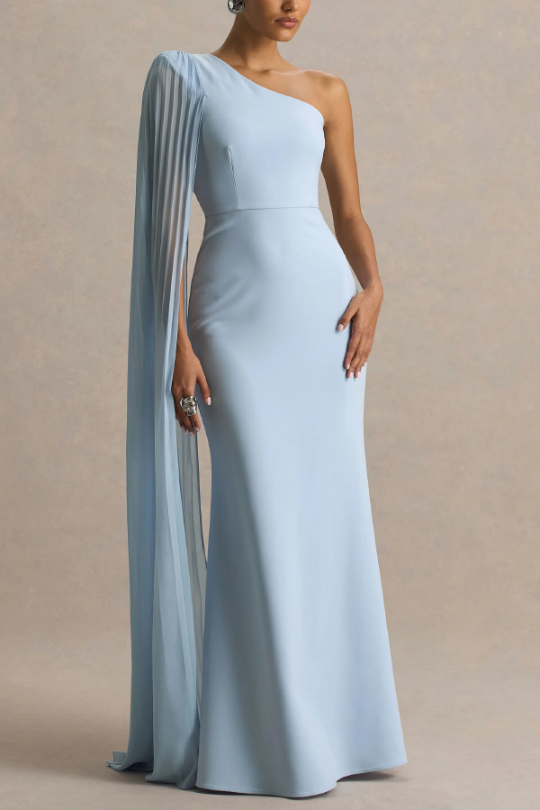 Solid Color Slanted Neckline Pleated Slim-fitting Elegant Maxi Dress