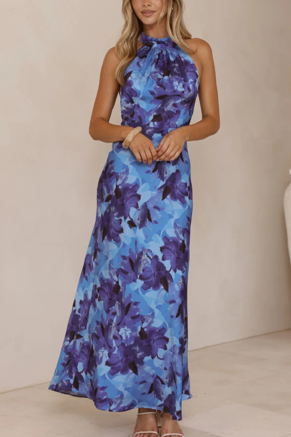 Floral Print Sleeveless Halter Neck Tie Holiday Maxi Dress-consonak