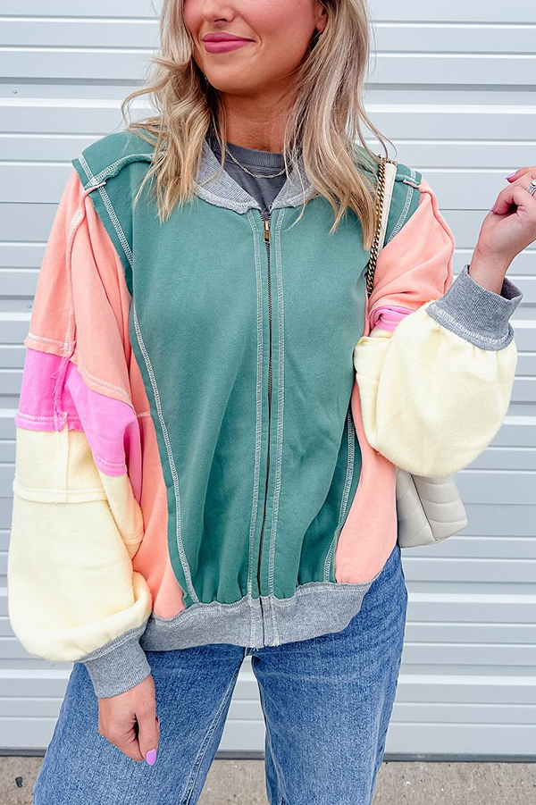 Fresh Color Matching Loose Casual Round Neck Jacket-consonak